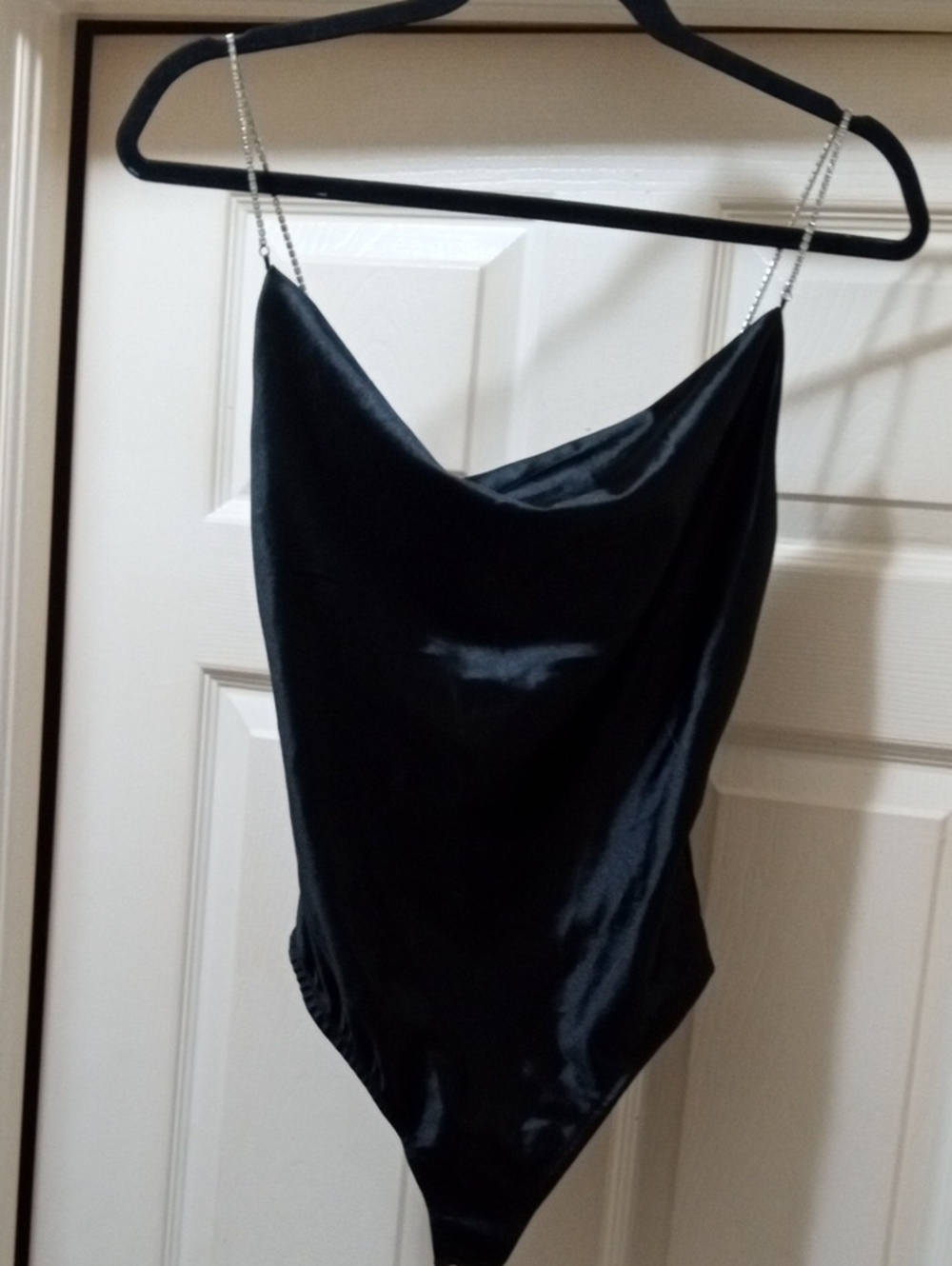 Forever 21 Black Satin Cowl Neck Bodysuit with Rhinestone Chain Straps